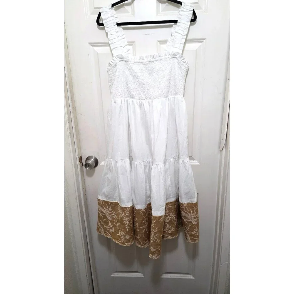 Abercrombie & Fitch White & Gold Embroidered Tiered Dress Ruffled Straps Smocked